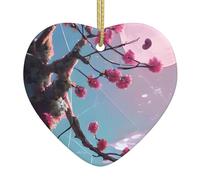 Small Pink Flowers Ceramic Christmas Heart Pendant, The Pottery Piece is Available with Silk Thread