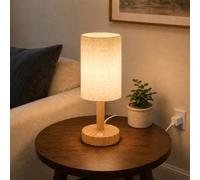 Small Plug-In Bedside Table Lamp, Touch Dimming, Natural Oak Finish, 1 Pack | Natural linen shade for soft glow, 3 colour temperatures, wood-grain ABS body, fixed USB-A lead, UK mains adapter included