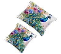 Small Pocket Cosmetic Bag, Squeeze Top Travel Makeup Bag for Purse, No Zipper Self-Closing Mini Makeup Pouch for Women Girls, Watercolor Peacock with Feathers