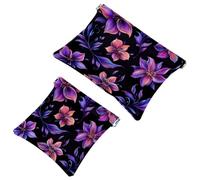 Small Pocket Cosmetic Bag, Squeeze Top Travel Makeup Bag for Purse, No Zipper Self-Closing Mini Makeup Pouch for Women Girls, Colorful Purple Floral Collection with Leaves