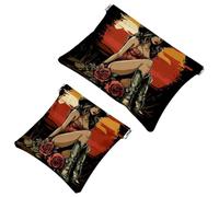Small Pocket Cosmetic Bag, Squeeze Top Travel Makeup Bag for Purse, No Zipper Self-Closing Mini Makeup Pouch for Women Girls, Vintage Western Desert Cowgirl Boots with Rose