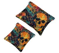 Small Pocket Cosmetic Bag, Squeeze Top Travel Makeup Bag for Purse, No Zipper Self-Closing Mini Makeup Pouch for Women Girls, Halloween Skull Mushroom Spider Web