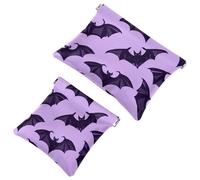 Small Pocket Cosmetic Bag, Squeeze Top Travel Makeup Bag for Purse, No Zipper Self-Closing Mini Makeup Pouch for Women Girls, Halloween Black Bat Silhouette Violet Background