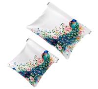 Small Pocket Cosmetic Bag, Squeeze Top Travel Makeup Bag for Purse, No Zipper Self-Closing Mini Makeup Pouch for Women Girls, Aesthetic Peacock with Feathers Flowers Watercolor Pattern