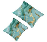 Small Pocket Cosmetic Bag, Squeeze Top Travel Makeup Bag for Purse, No Zipper Self-Closing Mini Makeup Pouch for Women Girls, Gold and Green Marble Pattern