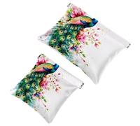 Small Pocket Cosmetic Bag, Squeeze Top Travel Makeup Bag for Purse, No Zipper Self-Closing Mini Makeup Pouch for Women Girls, Peacock with Feathers Floral Watercolor Pattern