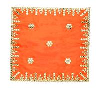 Small Pooja Mat Aasan Orange Silk Aasan Decorative Cloth with Sequence Work (Size:-18 Inches X 18 Inches,) for Multipurpose Pooja Decorations Item & Article