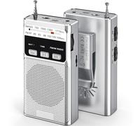 Small Portable AM/FM Radio with 1200mAh Rechargeable Battery, Excellent Sound Quality, Back Clip/Flashlight/Headphone Jack - Silver