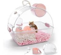 Small Portable Hamster Cages,Big Size(13×8.2×10.8'')Hamster Carrier with Water Bottle,Dwarf Hamster Travel Cage with Storage Box,Transparent Acrylic Pet Travel Carrier Cage,Outdoor Animals Carry(Pink)