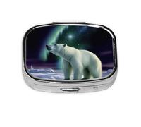 Small Portable Pill Box 2 Compartments Metal Organizer Pill Vitamin Cute Polar Bear Northern Lights Travel Pill Cases for Wallet Pocket