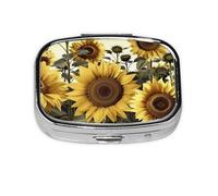 Small Portable Pill Box 2 Compartments Metal Organizer Pill Vitamin Cute Sunflower Yellow Floral Travel Pill Box for Wallet Pocket