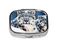 Small Portable Pill Box 2 Compartments Metal Pill Organizer Pill and Vitamins Cute Blue Eyes Snow Leopard Design Travel Pill Cases for Wallet Pocket