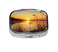 Small Portable Pill Box 2 Compartments Metal Pill Organizer Pill Vitamins Cute Reeds by The River Travel Pillbox for Wallet Pocket