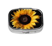 Small Portable Pill Box 2 Compartments Metal Pill Organizer Vitamin Pill Cute Sunflower on Black Background Travel Pill Box for Wallet Pocket