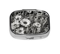 Small Portable Pill Box 2 Compartments Metal Pill Organizer Vitamin Pill Organizer Cute Black White Flower Organizer for Wallet Pocket