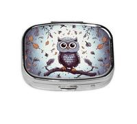 Small Portable Pill Box 2 Compartments Metal Vitamin Holder Organizer Cute Owl Tree Branches Travel Pill Box for Wallet Pocket