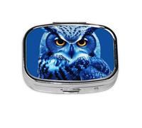 Small Portable Pill Box with 2 Compartments Metal Organizer Vitamin Pills Cute Blue Owl Travel Pill Box for Wallet Pocket