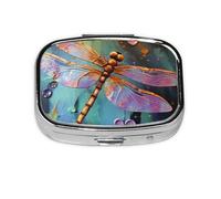 Small Portable Pill Box with 2 Compartments Metal Organizer Vitamin Pills Cute Hand Painted Dragonfly Travel for Wallet Pocket