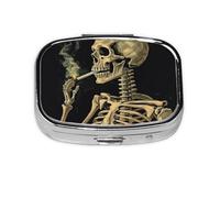 Small Portable Pill Box with 2 Compartments, Metal Pill and Vitamin Organizer, Cute Skeleton Burning Cigarettes, Travel Pill Box for Wallet Pocket