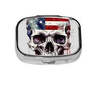 Small Portable Pill Box with 2 Compartments Metal Pill and Vitamins Organizer Cute American Flag Skull Travel Wallet Pocket