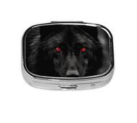 Small Portable Pill Box with 2 Compartments Metal Pill and Vitamins Organizer Cute Black Red Eyes Travel Wolf for Wallet Pocket