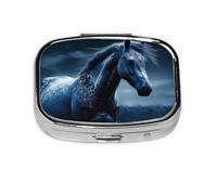 Small Portable Pill Box with 2 Compartments Metal Pill and Vitamins Organizer Cute Blue Horse for Wallet Pocket