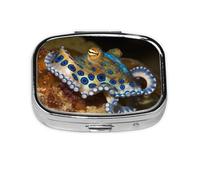 Small Portable Pill Box with 2 Compartments Metal Pill and Vitamins Organizer Cute Blue Ring Octopus Travel