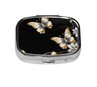 Small Portable Pill Box with 2 Compartments Metal Pill and Vitamins Organizer Cute Gold White Butterfly Black 1 Travel Pill Box for Wallet Pocket