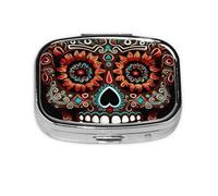 Small Portable Pill Box with 2 Compartments Metal Pill and Vitamins Organizer Cute Sugar Skulls Day of the Dead Travel Pill Box Pocket