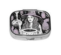 Small Portable Pill Box with 2 Compartments Metal Pill and Vitamins Organizer Cute Witchcraft Magic Witch Design Bohemian Design Travel Pill Box for Pocket