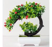 Small Potted Fake Bonsai Tree for Indoor Home Office Decor Living Room Bedroom Desk Tabletop Garden Decoration Accessory (Red)