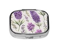 Small Purple Lavender Colored Flowers Printed Pill Organizer Daily,Portable Metal Travel Pill Case Box for Purse and Pocket