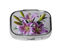 Small Purple Lily Flowers Printed Pill Organizer Daily,Portable Metal Travel Pill Case Box for Purse and Pocket