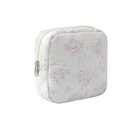 Small Quilted Cotton Makeup Bag for Purse, Cosmetic Bag with Compartments, Cotton Aesthetic Makeup Bag, Travel Toiletry Pouch, Key Pocket Lipstick Bag Card Holder Data Cable Organizer, 13Pink Rose