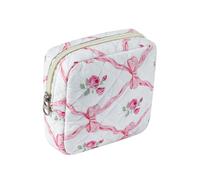 Small Quilted Cotton Makeup Bag for Purse, Cosmetic Bag with Compartments, Cotton Aesthetic Makeup Bag, Travel Toiletry Pouch, Key Pocket Lipstick Bag Card Holder Data Cable Organizer, 04Pink Bow