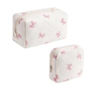 Small Quilted Cotton Makeup Bag for Purse, Cosmetic Bag with Compartments, Cotton Aesthetic Makeup Bag, Travel Toiletry Pouch, Key Pocket Lipstick Bag Card Holder Data Cable Organizer, Pink Bow Set