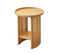 Small Rattan Coffee Table 2-Tier Round Side Table with Open Storage Creative Nightstand for Living Room & Bedroom Compact Design (39cm)