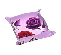 Small Red and Purple Roses Print Leather Valet Tray - Desktop Storage Organizer Catchall Holder for Watch,Keys,Phone,Wallet