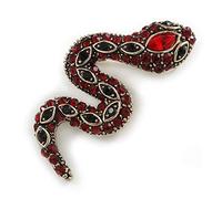Small Red/Black Crystal Snake Brooch In Aged Gold Tone Metal - 40mm Long