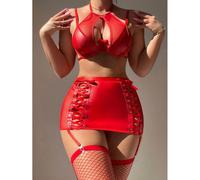 (Small, red) "European & American Mesh Leather Splice Black Split Sexy Strap Lingerie Set"