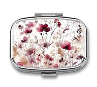 Small Red Flower Pill Organizer Metal Pill Box - 2 Compartments, Sleek & Portable Medicine Case for Travel, Daily Use