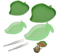 Small Reptile Feeding Bowl, 4 PCS Plastic Reptile Feed Bowls with 2 Tweezer Tong, Crawl Pet Feeder for Pet Tortoise Lizard Frog Gecko Snake Chameleon, Cute Leaf Mango Shaped
