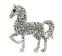 Small Rhodium Plated Pave Set Clear Crystal 'Horse' Brooch - 35mm Across