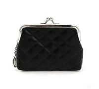 Small Rhombus Leather Kiss-Lock Coin Purse with Keychain, Shiny Metallic Mini Change Pouch for Women, Cash and Cards Holder, Black, Metallic