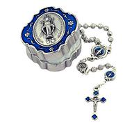 Small Rosary Gift Set | Miraculous Medal Centerpiece with Blue Enamel and Rosette Beads | Comes with Decorative Case
