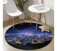 Small Round Area Rugs for Living Room 80 cm Modern Urban Architecture Photography Theme Soft Circle Carpet Rug Non Slip Machine Washable Bedside Floor Rug for Bedroom Kitchen Home Decor, Black Purple