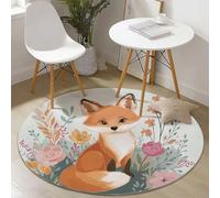 Small Round Area Rugs for Living Room 80 cm Watercolor Animals Fox Flowers Theme Soft Circle Carpet Rug Non Slip Machine Washable Bedside Floor Rug for Bedroom Kitchen Home Decor, Orange Color