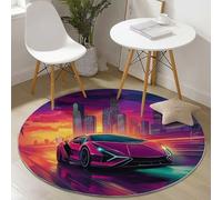 Small Round Area Rugs for Living Room 90 cm Anime City Buildings Cars Theme Soft Circle Carpet Rug Non Slip Machine Washable Bedside Floor Rug for Bedroom Kitchen Home Decor, Purple