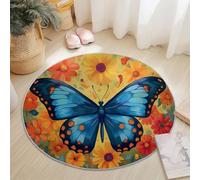 Small Round Area Rugs for Living Room 90 cm Dream Butterfly Flowers Oil Painting Theme Soft Circle Carpet Rug Non Slip Machine Washable Bedside Floor Rug for Bedroom Kitchen Home Decor, Orange Blue