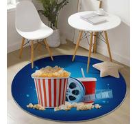 Small Round Area Rugs for Living Room 90 cm Movie Style Popcorn Film Theme Soft Circle Carpet Rug Non Slip Machine Washable Bedside Floor Rug for Bedroom Kitchen Home Decor, Blue